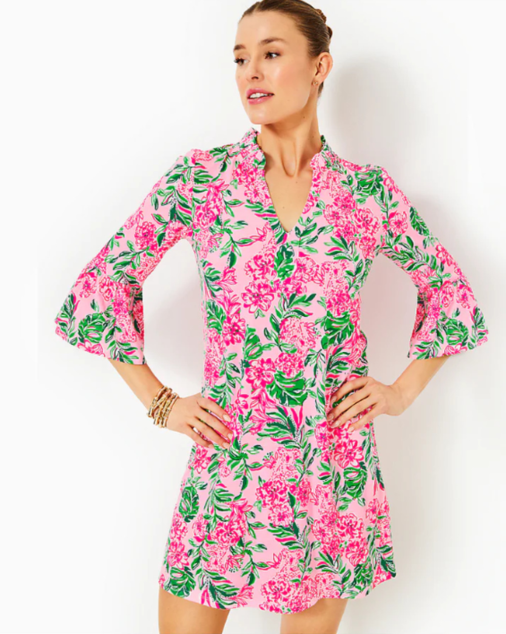 Lilly Pulitzer Hayes Shift Ruffle Neck Floral Dress Size S Pink Colorful Resort